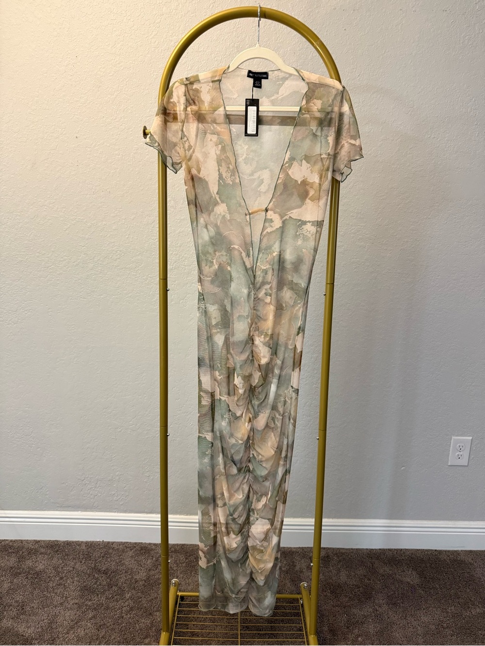 PrettyLittleThing Abstract Mesh Ruched Midi Dress Sage Green US 8 NWT